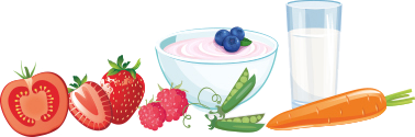 Grafika przedstawiająca warzywa, owoce oraz produkty mleczne