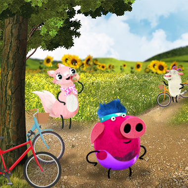 Na obrazku widoczna Mee, Miau i Chrumas, Stoją obok łąki, Pod drzewem stoją rowery.