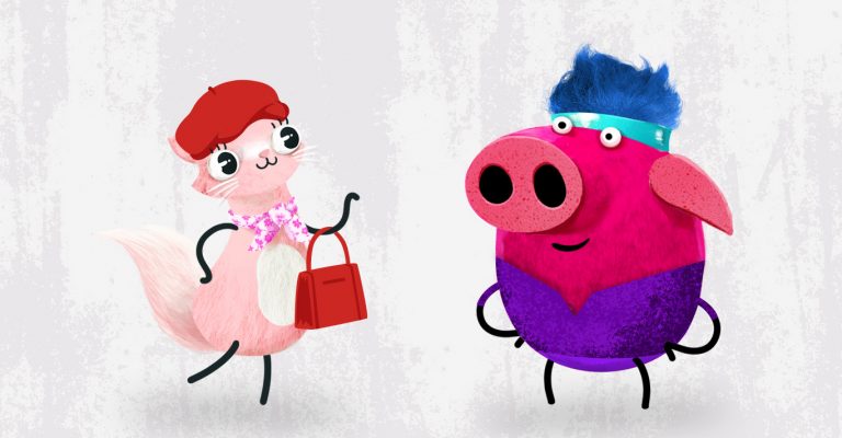 Na obrazku widać kotkę Miau i Chrumasa.