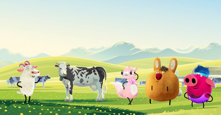 Na obrazku widać Chrumasa, Uchola, Mee i Miau na łące, gdzie pasą się krowy.