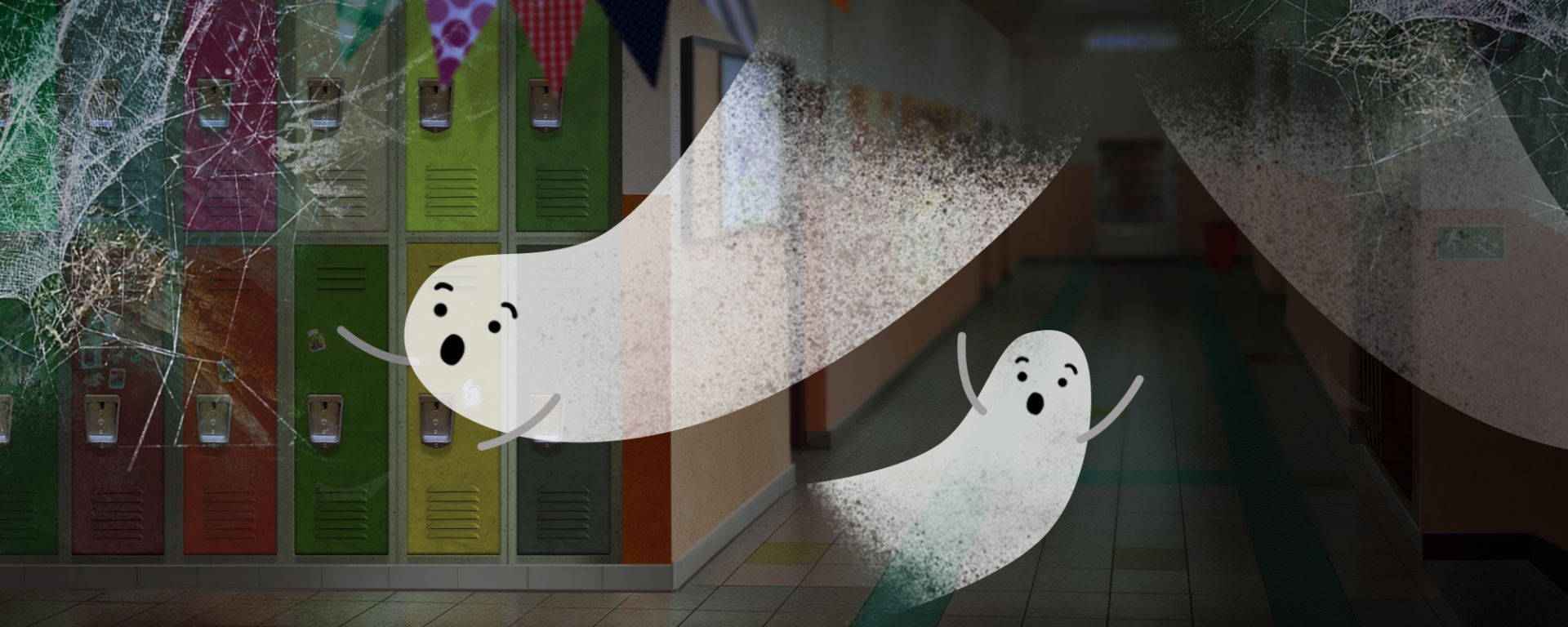 Na obrazku widac duchy latające w szkolnym korytarzu. Korytarz pokryty jest pajęczynami.